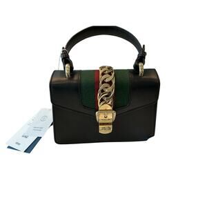 Gucci Sylvie Small Black HandBag Leather Top Handle Gold Hardware Authenticated